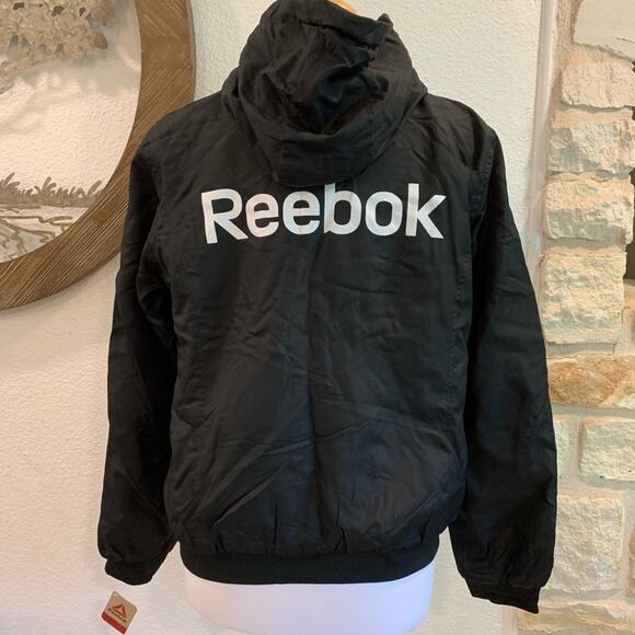 NWT Reebok Full Zip Hooded Logo Track Jacket Black White Large - Picture 4 of 7